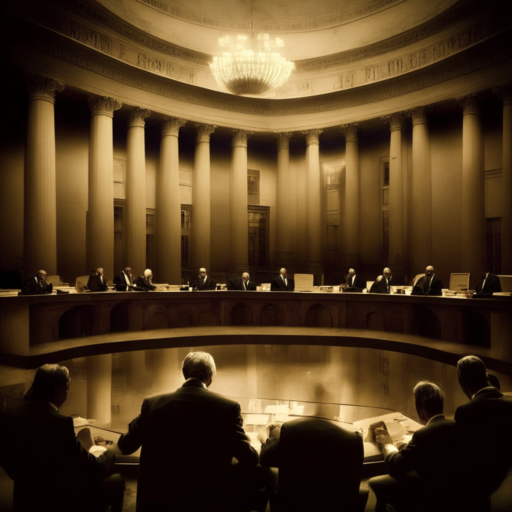 Divided FOMC meeting scene, contrasting opinions on interest rate hikes, crypto and forex markets in background, moody and uncertain atmosphere, Federal Reserve building, subtle golden hues to signify potential for hard-money alternatives, soft light portraying a pause in actions, calm before a potential debt ceiling storm.