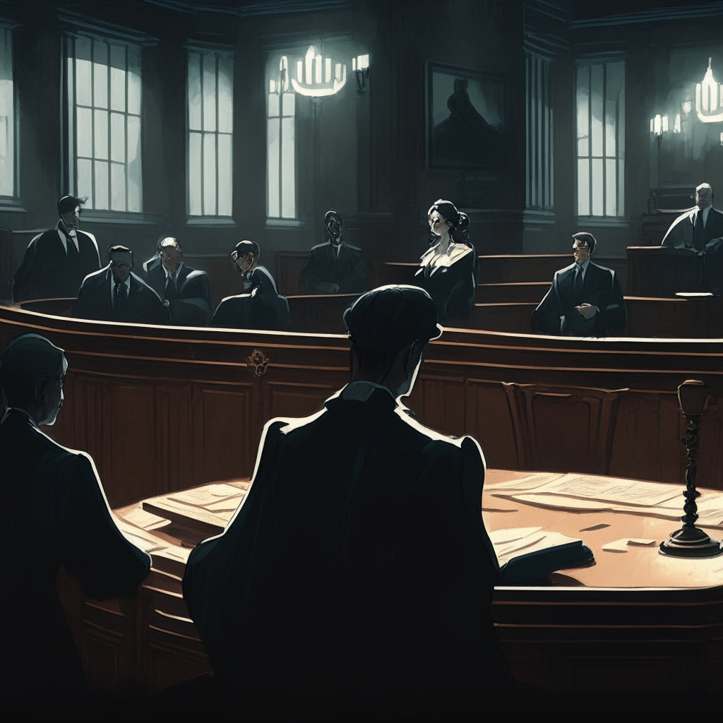 Intricate courtroom scene in a historic Montenegrin style, soft lighting revealing tension and uncertainty, Do Kwon & legal team in sophisticated attire, prosecuting attorney sternly voicing concerns, reflections of animated crypto symbols on polished surfaces, somber mood captivated by watchful stakeholders.