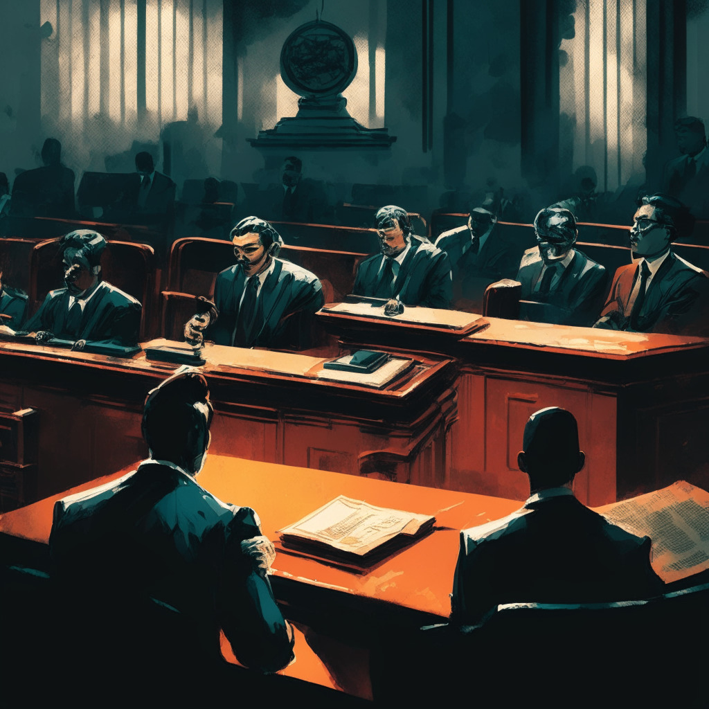 Intricate courtroom scene, tense atmosphere, chiaroscuro lighting, somber mood, Do Kwon awaiting verdict, attorneys debating in the background, contrasting symbolism of freedom and captivity, a gavel symbolizing the law, contemporary legal challenges of the crypto industry, global map blurred in the backdrop, subdued color palette, uncertainty looming.