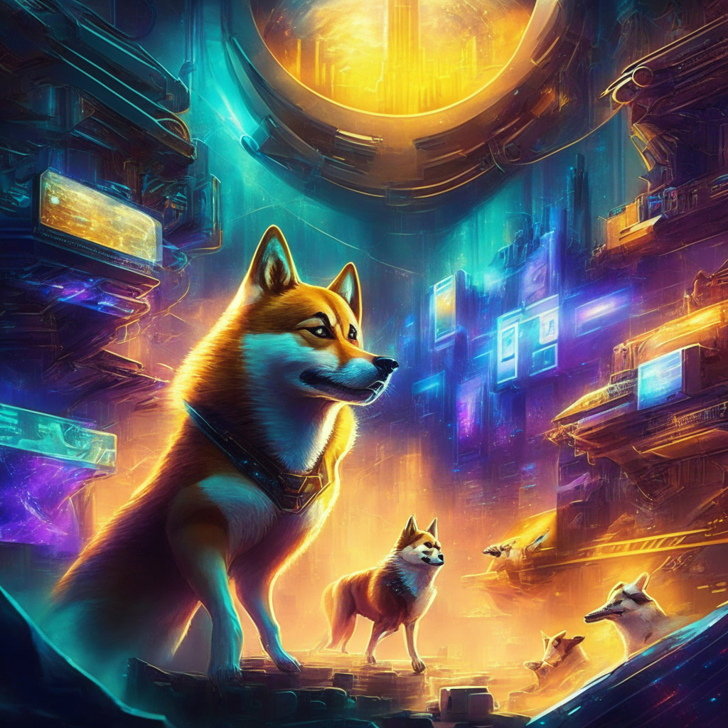 Futuristic dystopian underworld, Elon Musk pursuing Doge, casual games with integrated NFT collectibles, play-to-earn mechanism, vibrant meme-inspired visuals, intense competition, soft glowing light, captivating artistic style, an atmosphere of excitement and opportunity, potential market impact, dynamic and energetic mood. (349 characters)