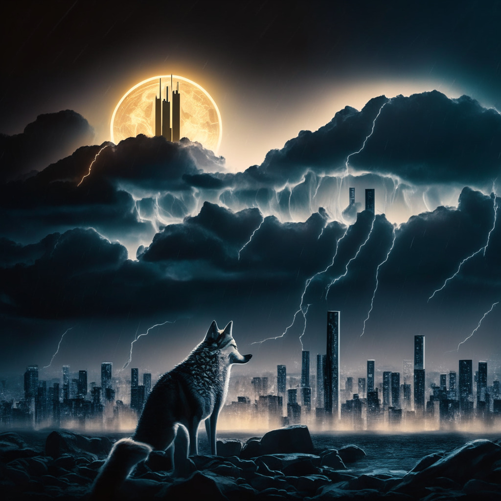 Calm, stormy crypto skyline, Dogecoin surrounded by Bitcoin and Ethereum, Bollinger bandwidth indicator, contrasting lights and shadows, subtle color shifts, dynamic movement, balance between serenity and tension, sense of anticipation, artistic chiaroscuro, no logos, mysterious and enigmatic mood.