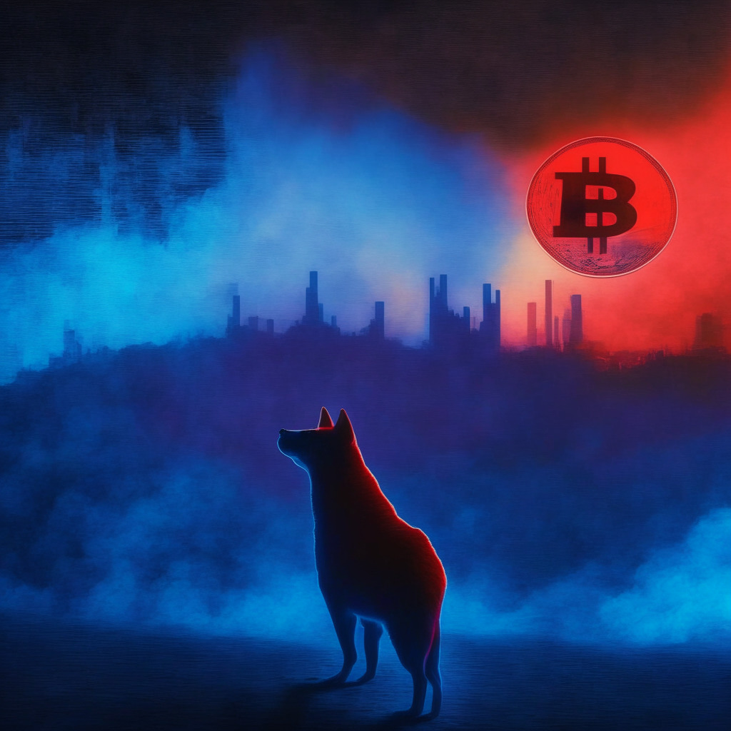 Cryptocurrency market uncertainty, Dogecoin price hovering between $0.0771 and $0.0698, potential breakout needed, moody twilight setting, hues of red and blue, tension in the air, soft contrasting light, chiaroscuro effect, undecided traders waiting for direction, subtle hints of selling momentum weakening, seeking clarity amidst the haze.