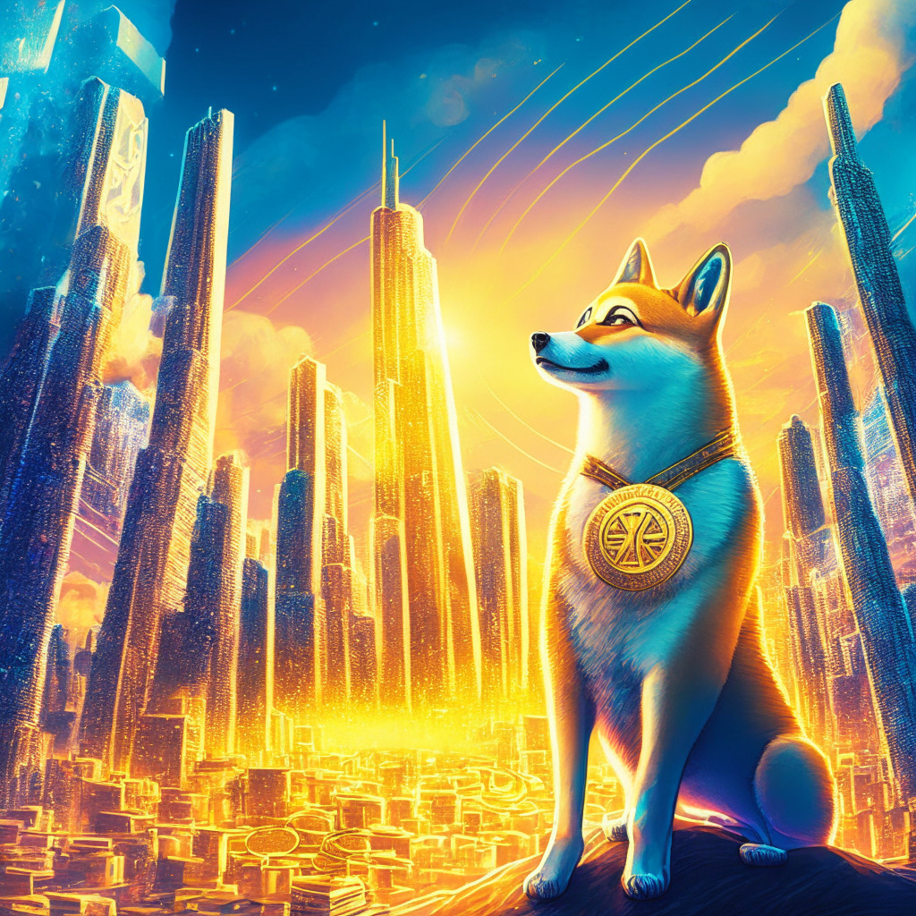 Futuristic cityscape with Dogecoin mascot triumphantly gazing at sky, glowing digital coins, dynamic lines showcasing rapid transactions, soft golden light illuminating scene, Renaissance painting style with intricate details, mix of optimism and caution, vibrant colors representing digital assets.