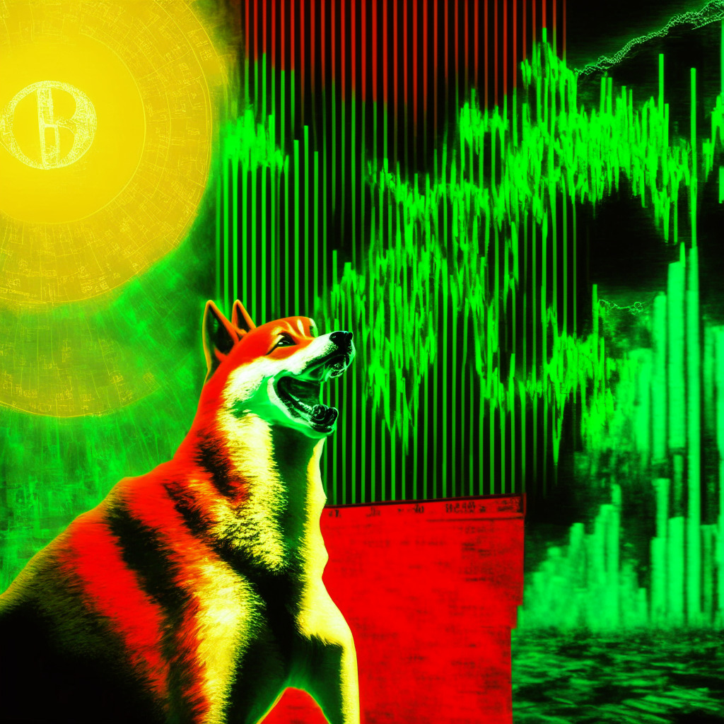 Cryptocurrency excitement in 2023, Dogecoin approaching $1 milestone, Wall St Memes 100x surge prediction, curious investors, atmospheric golden lighting, intense trading scene, abstract art style, dynamic cryptocurrency charts, contrasting tones of green and red to signify market changes, mood of anticipation and fervor.