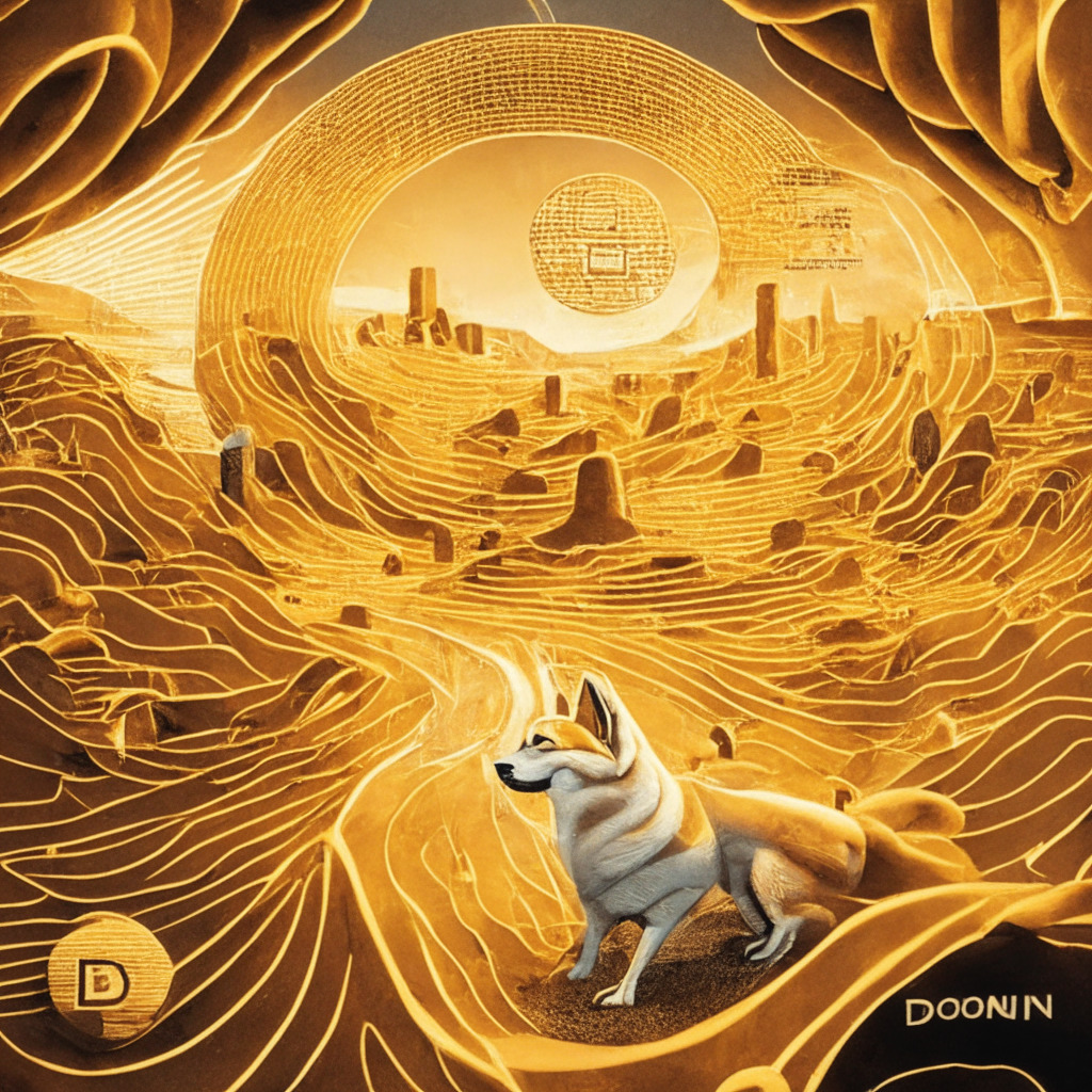 A surreal financial landscape, Dogecoin's ascent with DRC-20 tokens, ethereal DeFi pathways, contrasting opinions, swirling network congestion concerns, warm golden hues of a crypto debate, a dichotomy of innovation vs. original purpose, mood shifts from excitement to uncertainty, highlighting Dogecoin's evolving role and prominence.