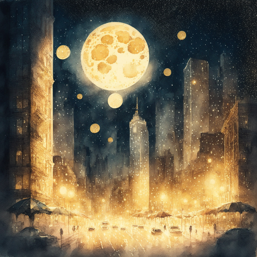 Intricate nighttime cityscape with cryptocurrency coins raining down, illuminated by a glowing moon depicting an 8.5% upswing, soft watercolor style, warm golden hues, streets and buildings reflecting the light, optimistic and hopeful atmosphere, suggesting the successful breakout of a double-bottom pattern.