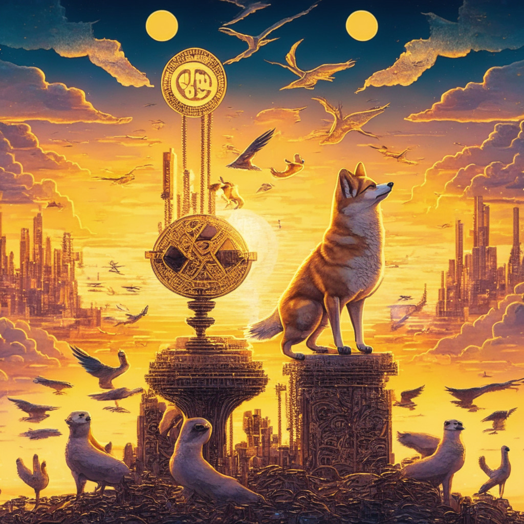 Intricate crypto artwork with Dogecoin at the forefront, euphoric atmosphere, diverse altcoins in the background, golden twilight hues, Twitter bird perched on a futuristic pedestal, whimsical Doginals and AI-driven meme tokens woven into the scene, subtle indications of growth and possibility.