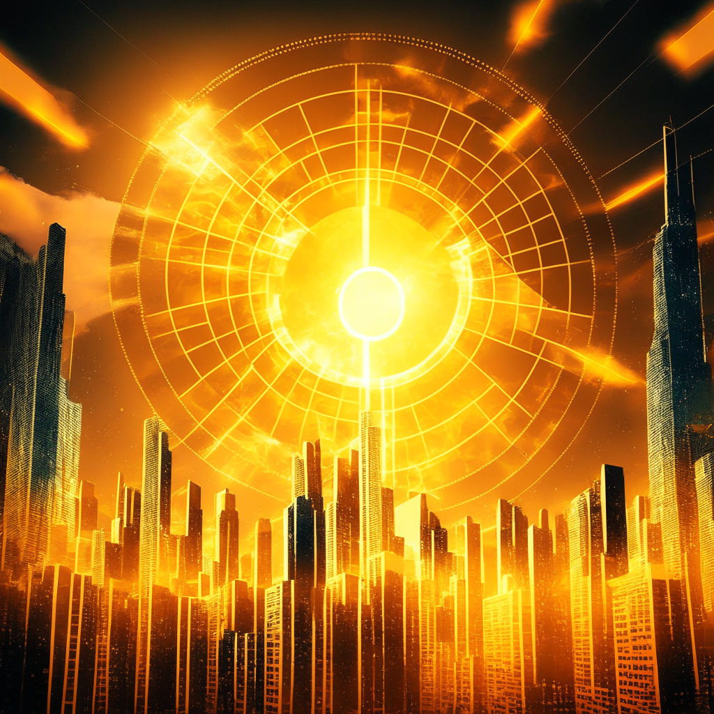 Futuristic city reflecting Dogecoin's surge, golden cross pattern in the sky, NFT tokens floating around, warm and radiant light, contrast of optimism and uncertainty, dynamic and energetic atmosphere, upward financial chart.