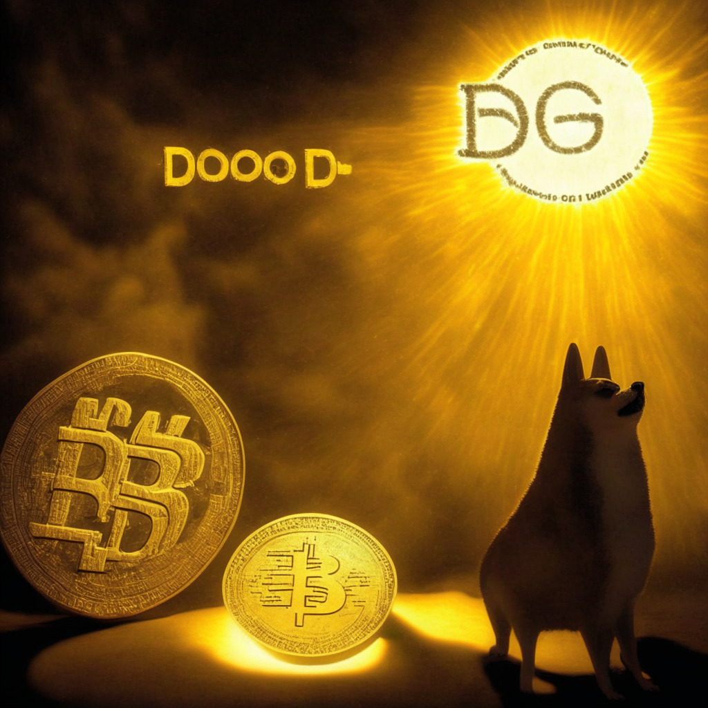 Fading Dogecoin against rising meme tokens, a beam of hope in market downturn, sullen colors with faint glimmers of light, Dogecoin drifting in the shadows, Pepe & SpongeBob tokens thriving in the spotlight, an AiDoge sign promising innovation, broader market movements and Twitter's role as key catalysts, a mood of cautious optimism.