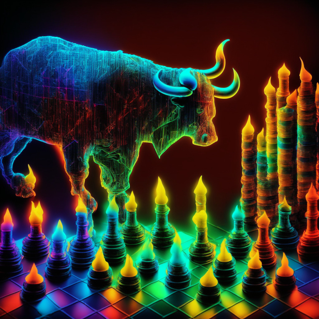 Intricate bull-bear chessboard, vibrant colors, uncertain outcome, glowing candles as short-body candles, wedge pattern as battleground, lighting contrast between uptrend & downtrend, mood of anticipation, crypto coins in play, no logos, ambiguous skyline representing market volatility.