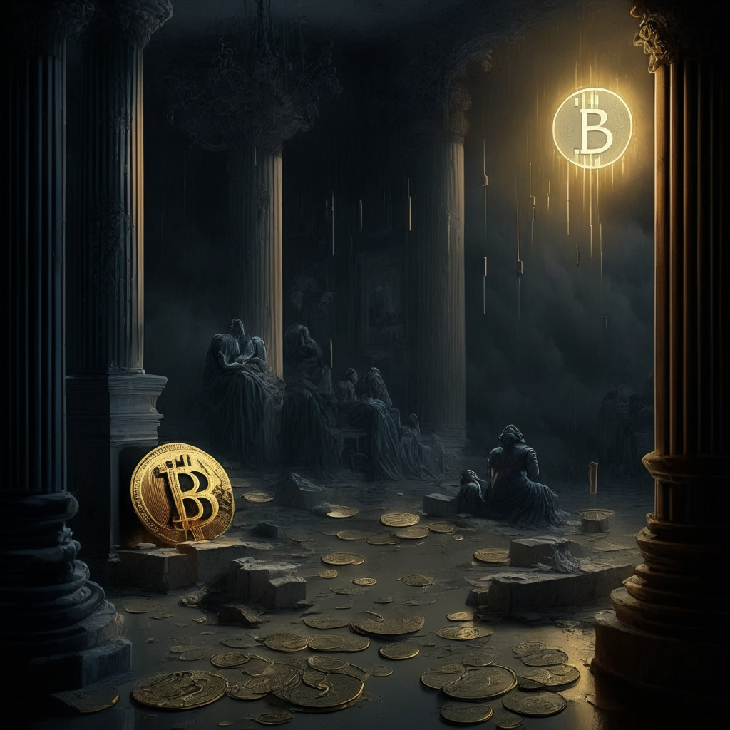 Gloomy financial landscape with cryptocurrencies, Baroque style, chiaroscuro lighting, melancholic mood, Bitcoin under $28,000, Ether below $1,900 threshold, PEPE market cap decreases, emerging tokens like AI, RNDR, SPONGE, STX, ECOTERRA, SOL, YPRED gaining interest, mixture of hope and uncertainty.