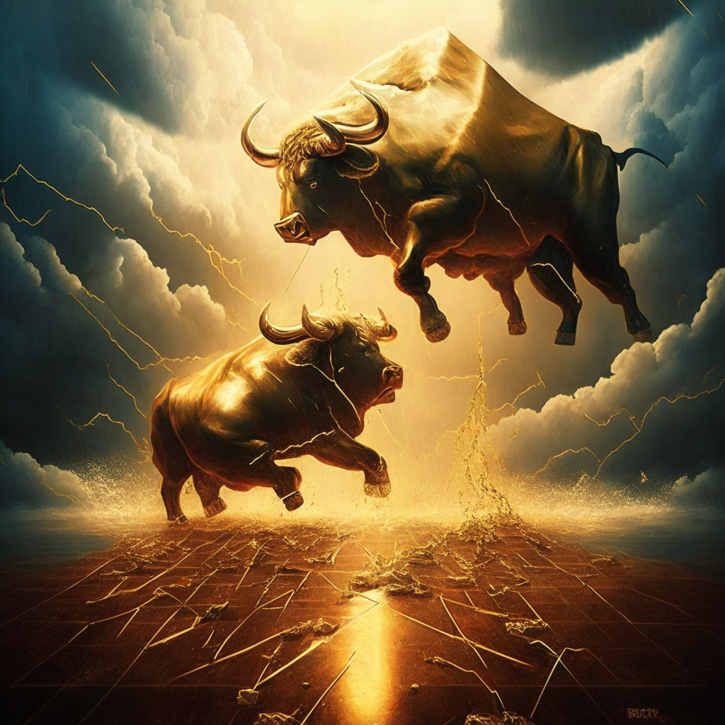 Sinking US financial system, Bitcoin at $31,000 barrier, intense market struggles, golden hues, fragile economic foundation, stormy clouds looming, a ray of light on Bitcoin and gold, safe-haven mood, triangle patterns symbolizing conflict, a blend of optimism and uncertainty, intricate tug-of-war between bulls and bears.