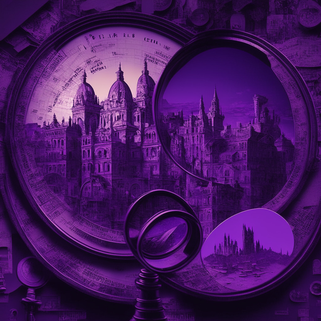 EBA proposal on crypto risk guidelines, twilight cityscape, Renaissance style, desaturated colors, regal purple hues, magnifying glass examining CASPs, risk indicators scattered, balanced composition, contrast between old world regulation & modern crypto world, subtly hopeful mood
