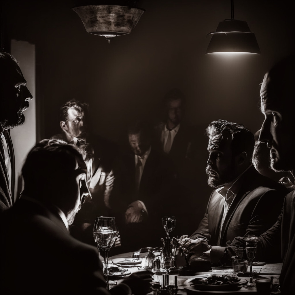 Intense legal debate in a dimly lit room, Yves La Rose passionately discussing options, distressed EOS token holders, a split network of vibrant and fading connections, dramatic chiaroscuro lighting, an uncertain atmosphere, contrast between aggressive legal actions & the disruptive hard fork, 350 characters.