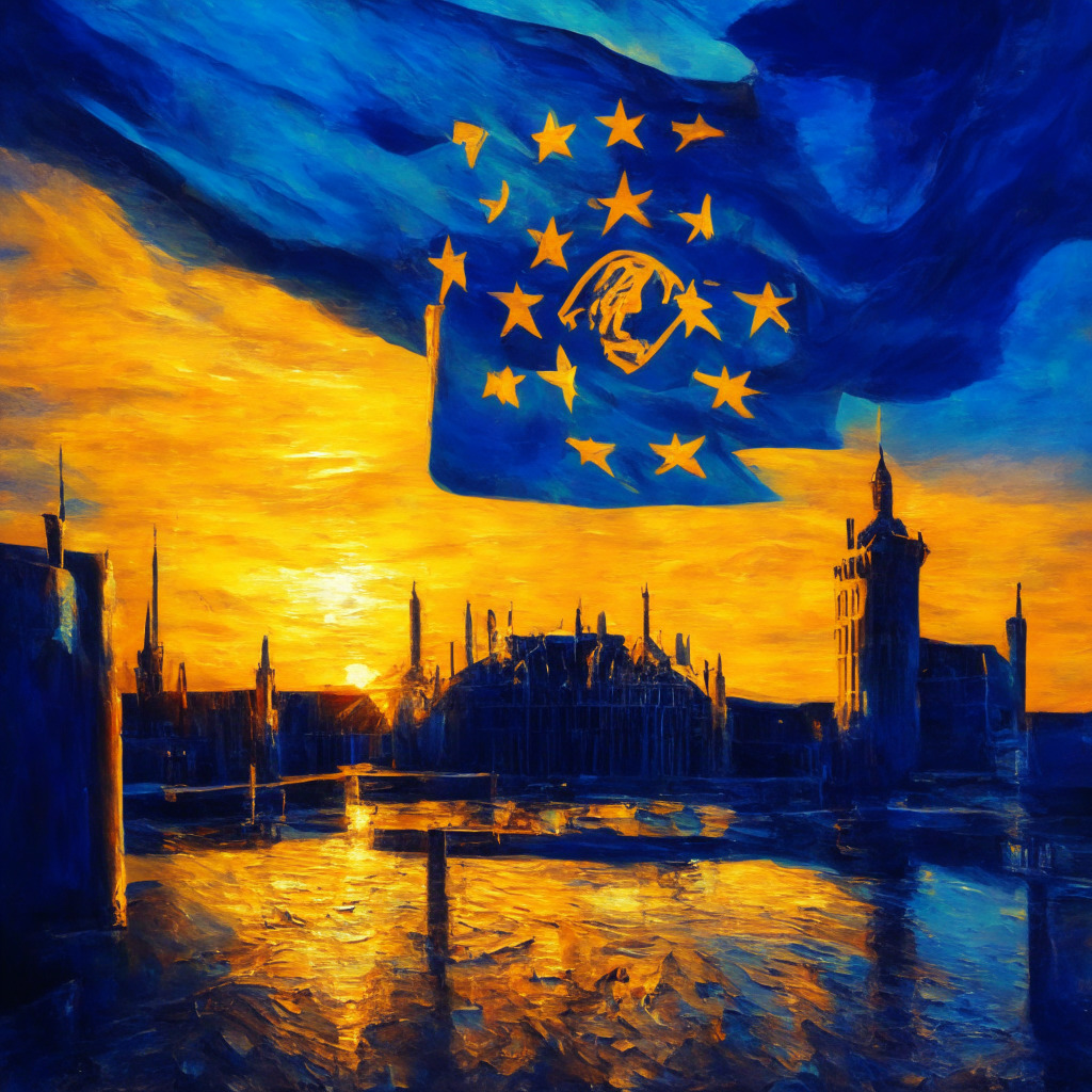 European crypto regulation scene, MiCA legislation, EU member state background, warm evening light, oil painting style, investor protection focus, cautionary mood, interwoven traditional finance, abstract risks, contrasting regulated vs. unregulated products