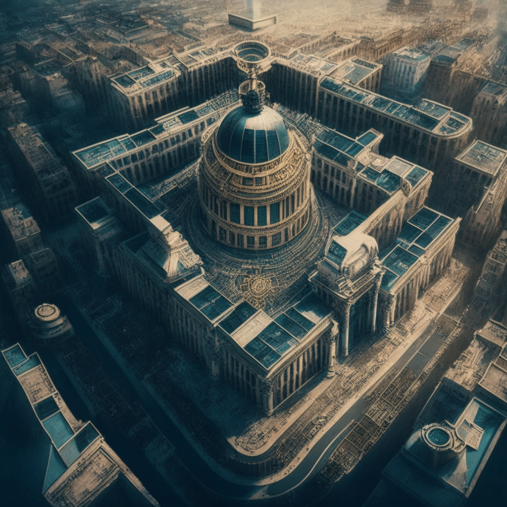 Aerial view of European cityscape, central bank building, intertwining crypto symbols, muted colors, low light setting, Baroque-inspired artwork, sense of caution & supervision, subtle DeFi elements, contrasting traditional finance & emerging crypto sector, dynamic yet careful atmosphere.