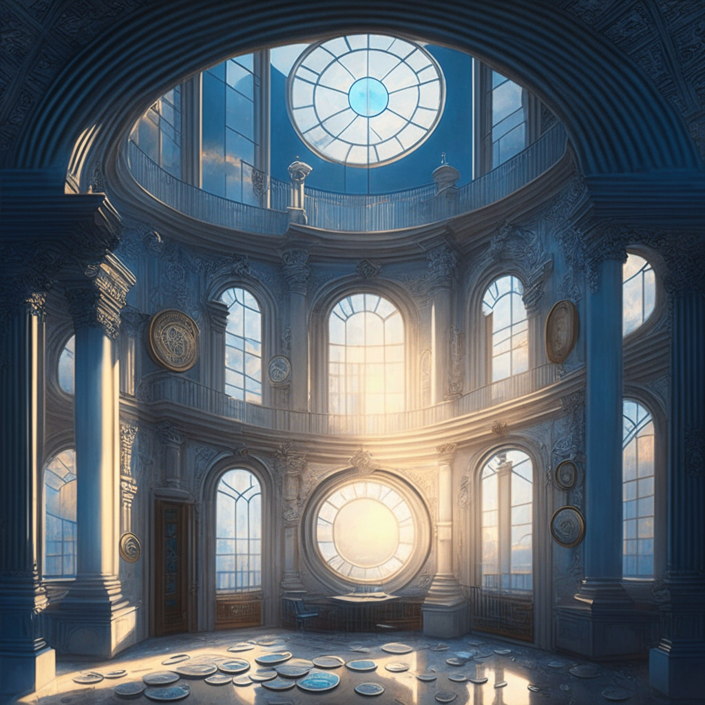 Intricate euro architecture, a room with cryptocurrency symbols floating in mid-air, delicate balance scale at the center, soft glow of a sunset through grand windows, stroke-like textured oil painting style, a serene yet cautionary atmosphere, financial stability theme in cool blues and grays.