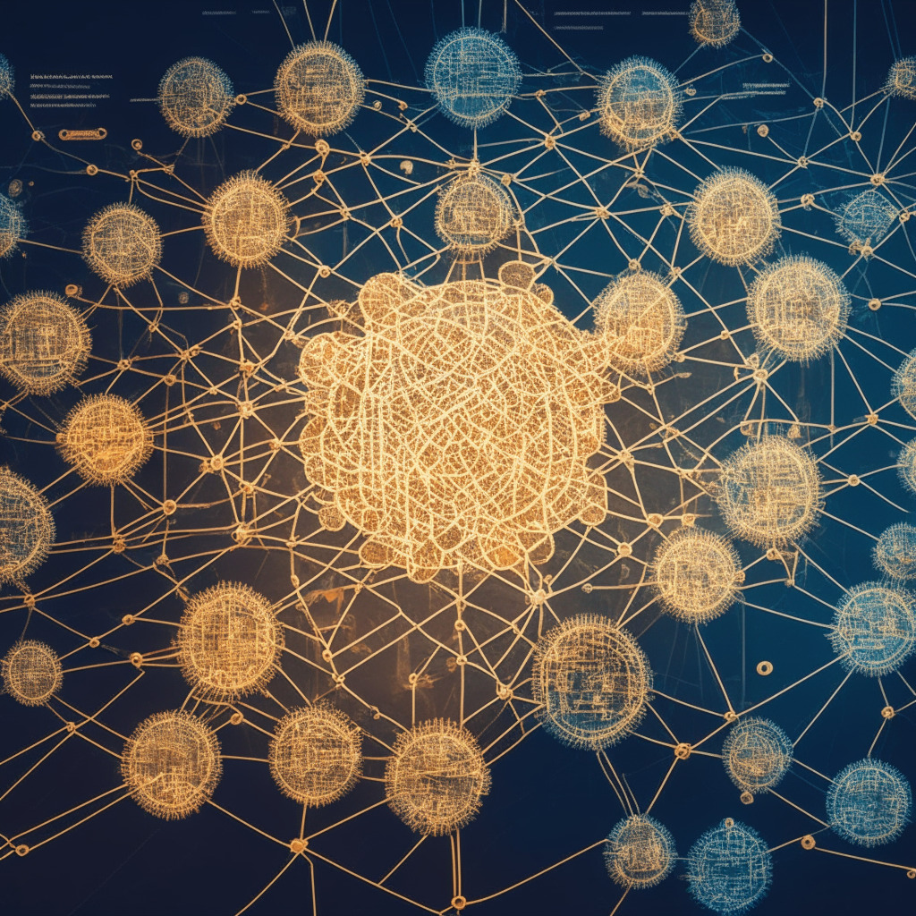Intricate blockchain network, EU map overlay, diverse group of people exchanging digital tokens, bright & balanced lighting, Baroque-inspired scrollwork, sense of unity, cautious optimism, transparent money trails, warm hues of progress, tension between innovation & regulation, delicately interwoven textures.