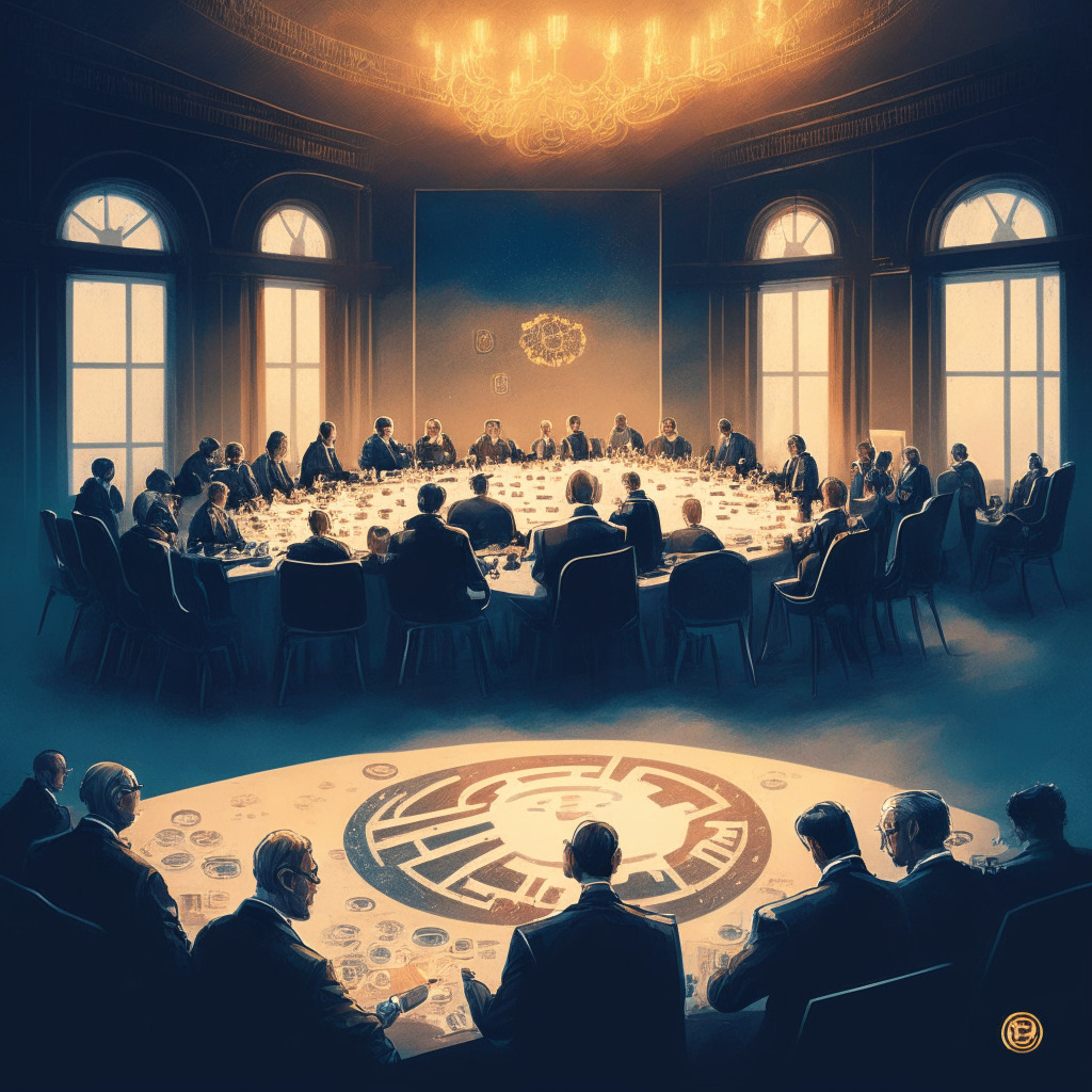 Intricate EU meeting scene, diverse representatives, digital assets and crypto coins, subtle touch of Renaissance art style, warm lighting, NFT prospects, sense of optimism and caution, balance between innovation and evasion prevention, slightly foggy atmosphere, tangible tension, future of European crypto landscape.