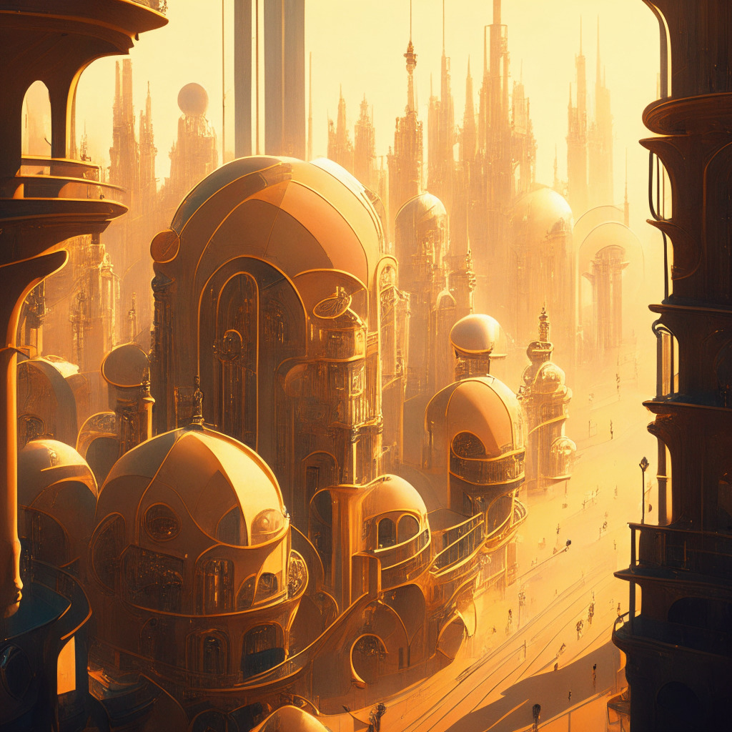 Intricate European cityscape, DeFi elements (lending, staking), diverse group of futuristic regulators and developers collaborating, Art Nouveau style, warm golden light, engaging composition, feeling of growth and innovation, hints of oversight and accountability from above, mood of cautious optimism and balance.