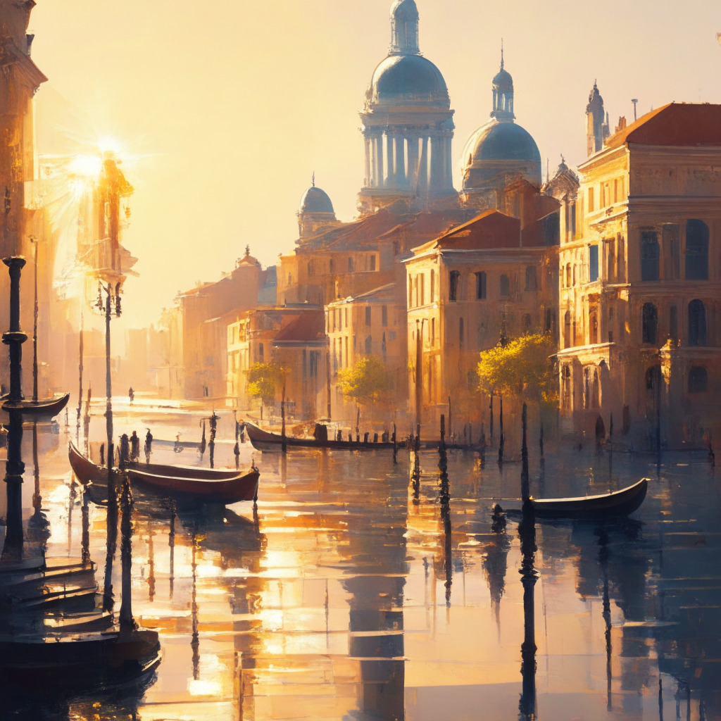 Intricate European cityscape with modern and historic buildings, people using crypto-enabled devices, soft sunlight, warm hues, blockchain elements subtly interwoven, mood of optimism and harmony, delicate balance of innovation and regulation, impressionist style, light reflecting on a nearby body of water.