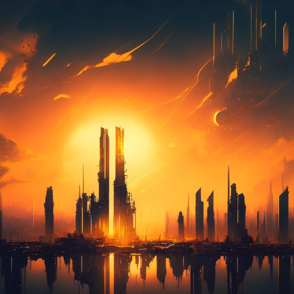 Enthralling dusk scene, revealing a futuristic digital city, intricate blockchain artwork weaving into the skyline, warm golden tones cast through scattered clouds, evoking a somber mood yet hinting at progression. AEU flag sways, Atlas-like figure delicately balances tax regulations & anonymity, symbolizing the challenge of harmonizing crypto policies.