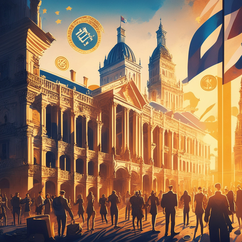 Intricate European cityscape with crypto symbols, mix of classical and modern architecture, golden hour lighting, lively atmosphere with bustling crypto market, people engaging in discussions, air of cooperation and innovation, positive mood, subtle undertones of artistic style reflecting regulatory balance, EU and US flags suggesting collaboration.