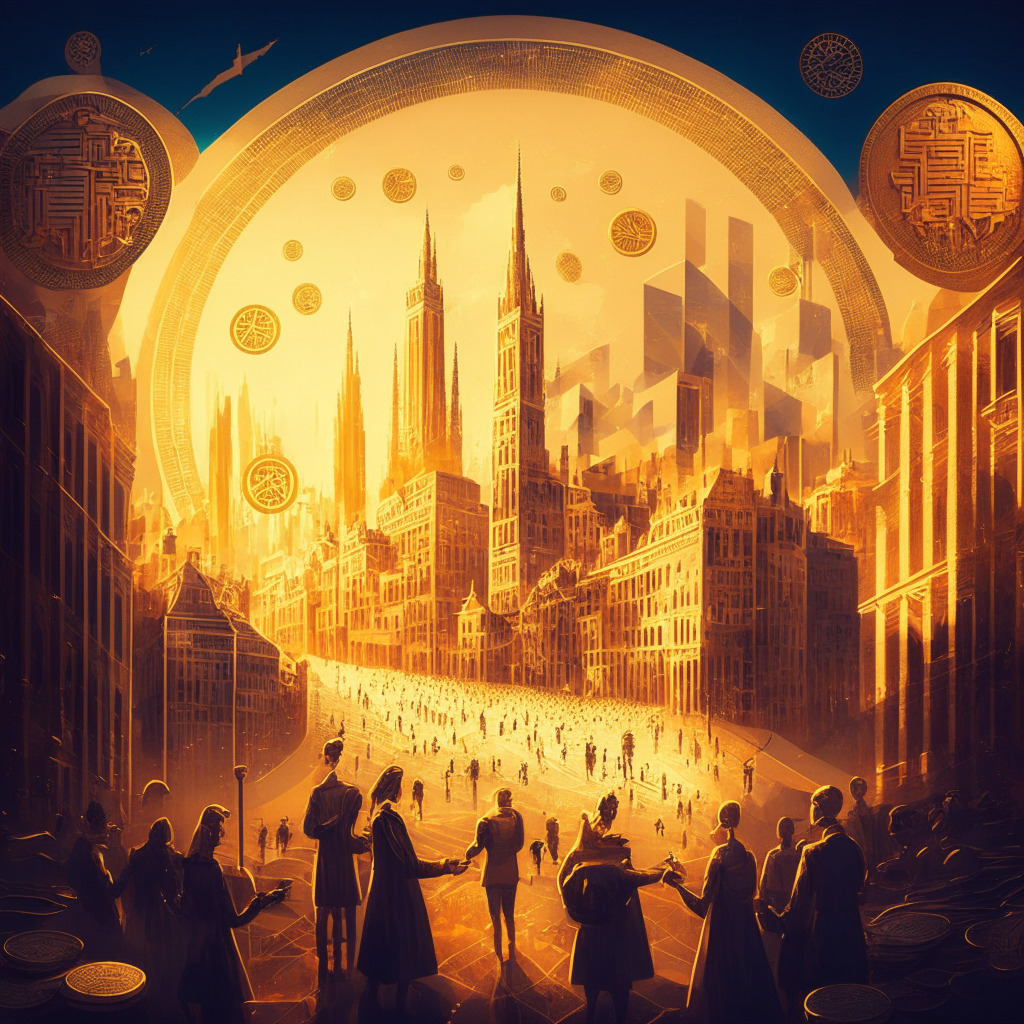 Intricate cityscape of EU capitals, futuristic crypto coins hovering, mix of Renaissance & modern art styles, warm golden hue, highlights of VC funding, people shaking hands under MiCA banner, morning light, innovative atmosphere, excitement with caution, diversified industry players.