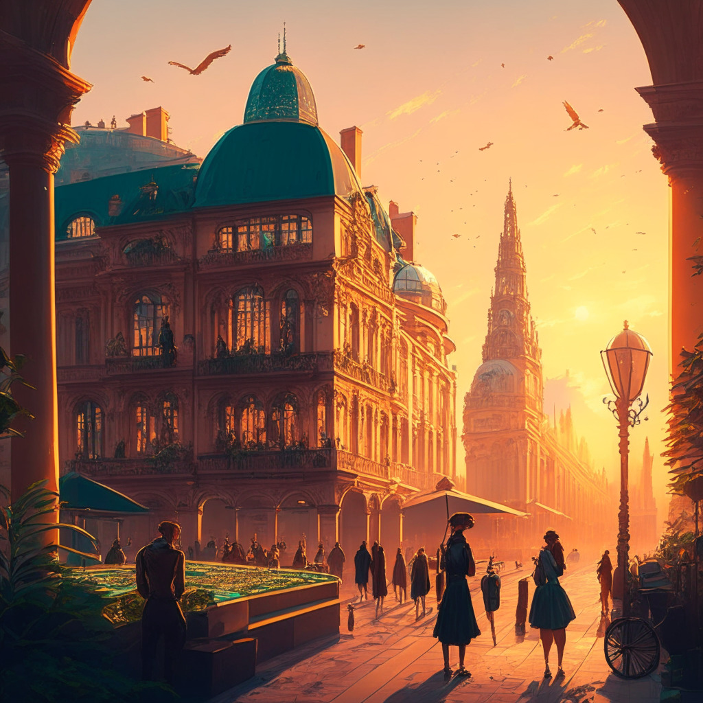 Intricate European cityscape w/ diverse citizens using crypto, warm sunset lighting, harmonious balance, secure & transparent atmosphere. Features: Central digital screen w/ MiCA regulations, elegant European architecture, people trading crypto on devices, greenery, non-fungible token art gallery.