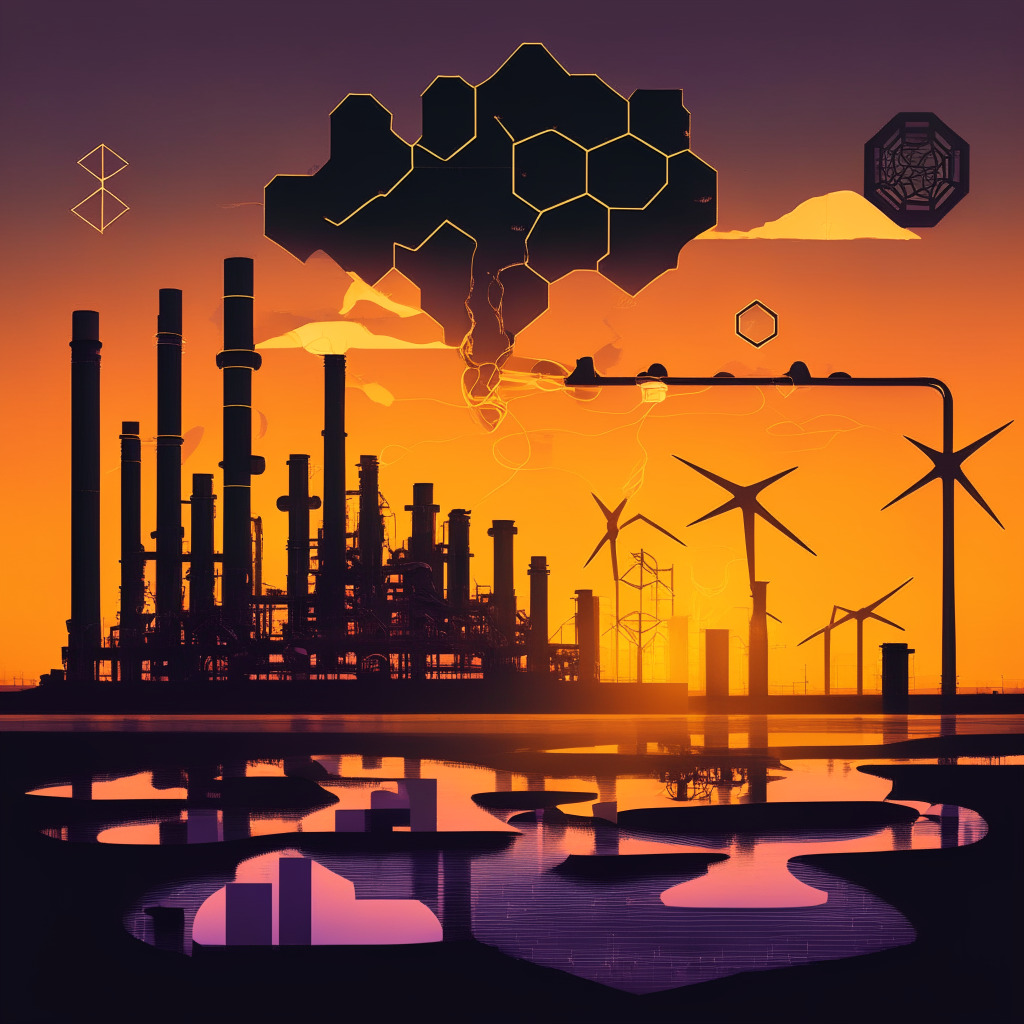 Ethereum-based carbon-tracking platform, sunset over industrial landscape, contrasting shadows, stylized blockchain links, tokens symbolizing carbon emissions, transparent data sheets floating, moody atmospheric tones, sustainable future concept, focus on Environmental, Social, and Governance aspects.