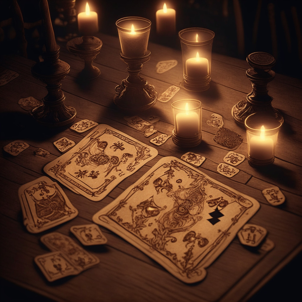 Intricate Solitaire card game scene, dusk light setting, vintage Renaissance style, intense concentration on players' faces, warm and soothing mood. Cards adorned with crypto symbols, pennies scattered on a wooden table, subtle contrast between three mobile devices, hint of satisfaction and reward.