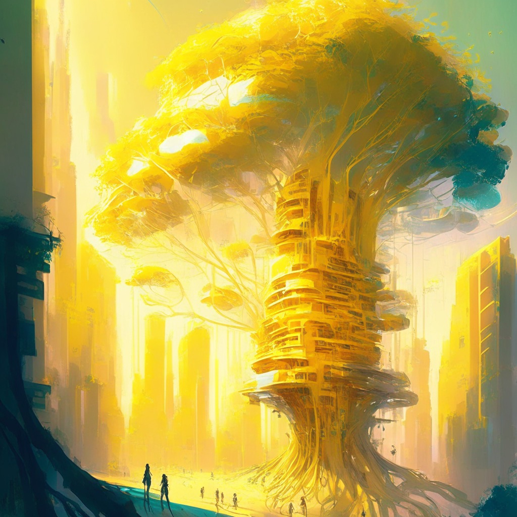 Futuristic city powered by eco-friendly blockchain, soft golden-hued sunlight, people exchanging sustainable cryptocurrency, intertwining tree roots representing secure network, joyous mood, delicate balance between nature and technology, impressionist paint strokes, hints of excitement and caution.