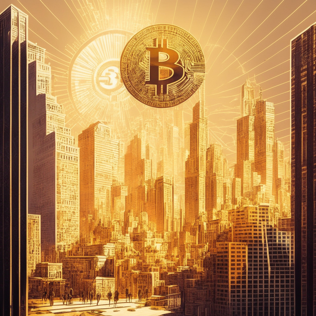 Intricate urban skyline, Bitcoin symbol glowing, Central American architectural elements, golden sunlight, President Bukele and Saifedean Ammous shaking hands, intellectual atmosphere, economic growth optimism, mood of innovation and progress, shadow of struggling adoption, undercurrent of digital divide, rich color palette.