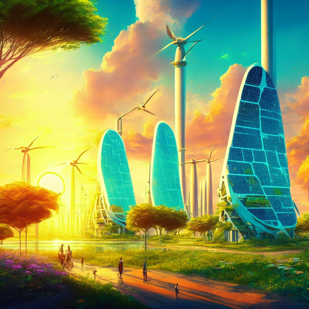 Futuristic eco-city powered by blockchain, solar panels, wind turbines, lush greenery, people recycling at Reverse Vending Machines, serene sunset, impressionist art style, calm atmosphere, vibrant colors. Mood: hope, innovation, sustainability, environmental stewardship.