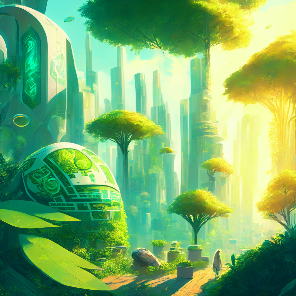 A futuristic Earth flourishing with greenery, intricate blockchain patterns hover above, vibrant eco-friendly cityscape in the background, warm sunlight illuminating the sustainable environment, R2E recycling machines adorning the pathways, people exchanging sustainable cryptocurrency, a serene yet active atmosphere, underpainting of digital brushstrokes.
