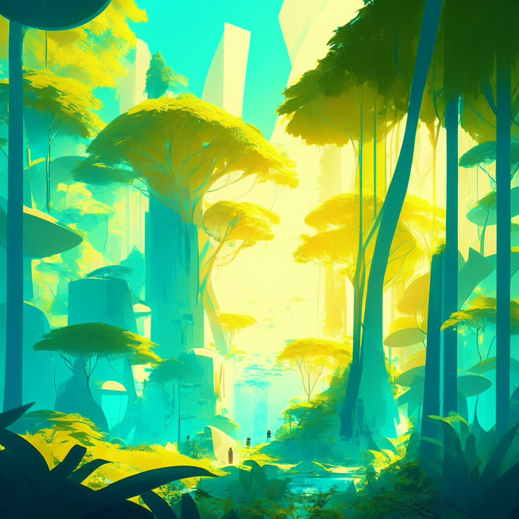 A lush forest with futuristic elements, people recycling, a glowing earth, soft golden sunlight, abstract cubist style, mood of hope and innovation, Ecoterra Recycle-to-Earn theme, light blue sky with subtle shift to green, emphasis on sustainability and tech.