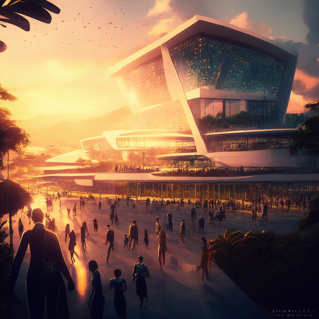 Futuristic El Salvador tech hub, blockchain, and crypto thriving, sleek modern architecture, golden hour lighting, impressionist style, bustling professional crowd, feeling of innovation and growth, diverse global talent, juxtaposition of urban development and local landscape, energetic and ambitious mood.