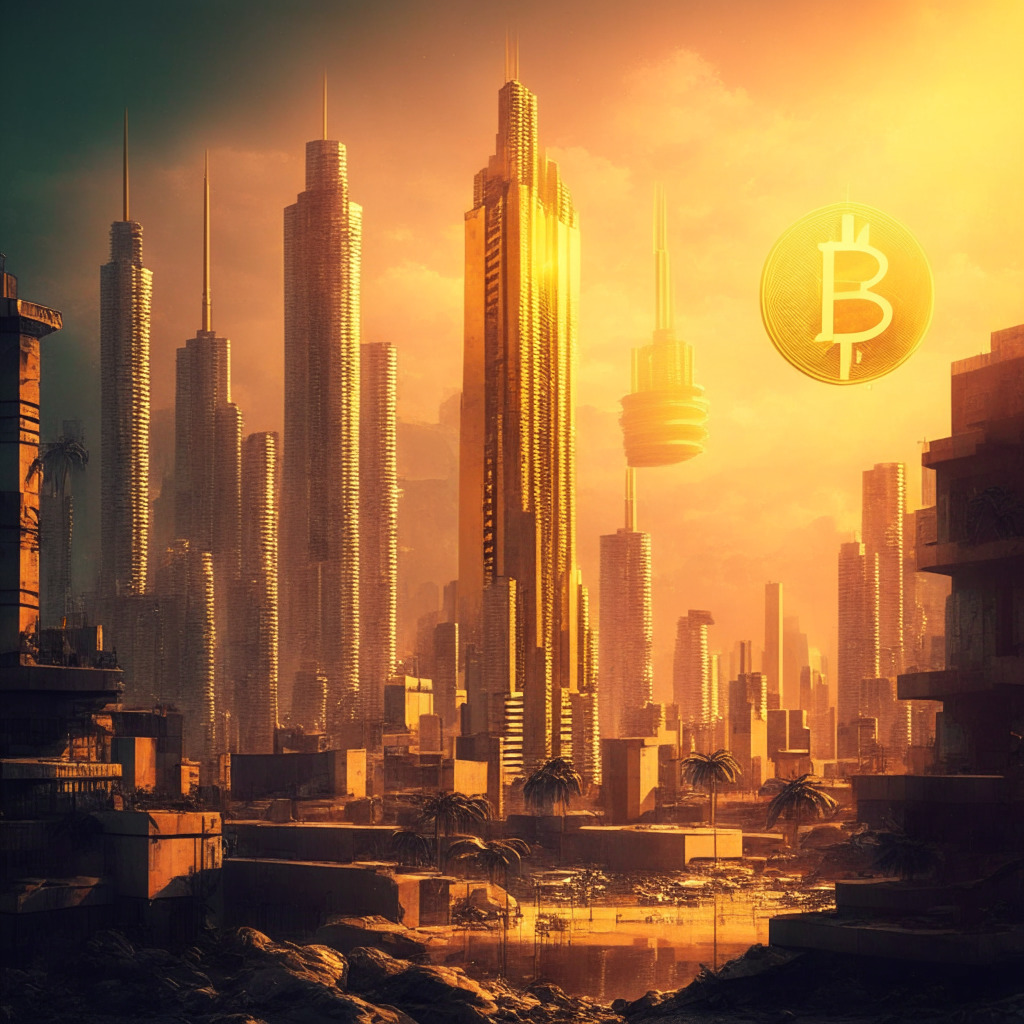 Futuristic cityscape with El Salvador's Bitcoin influence, warm golden light, global currency symbols fading into obscurity, cyberpunk aesthetic, dynamic contrasts and sharp angles. Mood: transformative and urgent, with a touch of skepticism regarding the shift in financial power dynamics.