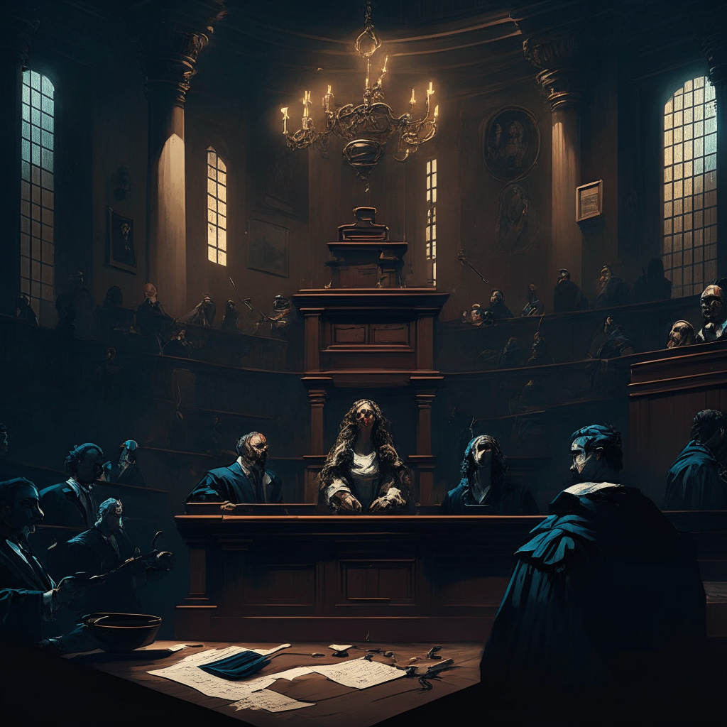 Intricate courtroom scene with crypto-mining equipment, tense atmosphere, contrasting light on defendants and accusers, Baroque art style, dark color palette. Characters display emotions of deceit and conflict, emphasizing the complexity and challenges of the evolving crypto space.
