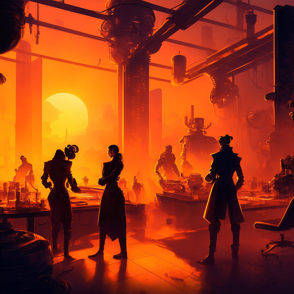 Futuristic AI lab scene, open-source vs for-profit battle theme, warm sunset hues, contrasting shadows, intense expressions on AI researchers, two factions inspired by Elon Musk and Larry Page, tension and collaboration, steampunk and modern fusion, underlying unease of AI's consequences, emphasizing caution and vigilance.