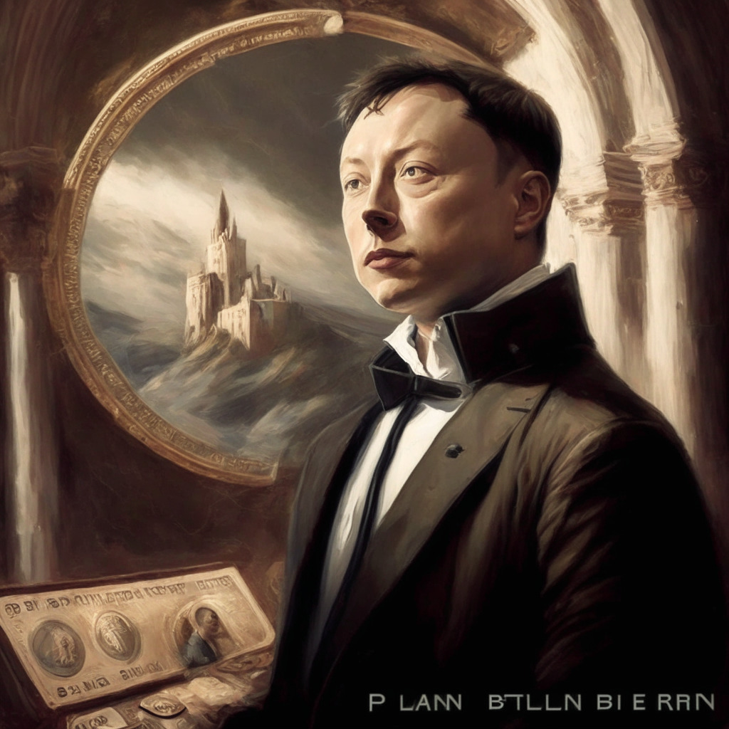 Elon Musk in France, memecoin intrigue, Twitter crypto wallet speculation, moody uncertainties, artistic flair in market movements, possible connections to PEPE Coin, dynamic light reflecting change.
