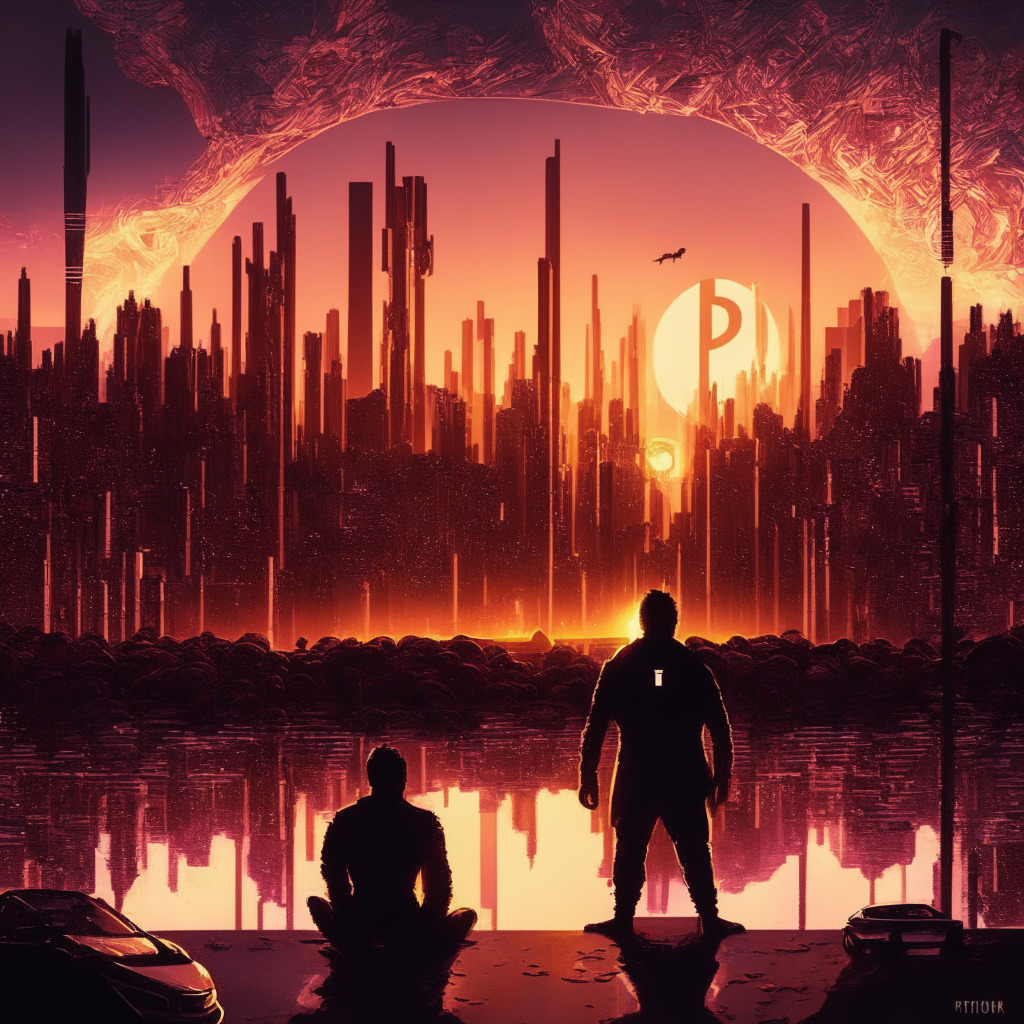 Sunset-lit futuristic cityscape, Elon Musk's silhouette, interwoven blockchain and crypto symbols, meme coins Dogecoin and Floki Inu floating, AI-generated memes, hints of Tesla and SpaceX, contrast between bright growth and darker skepticism, dynamic and evolving mood.