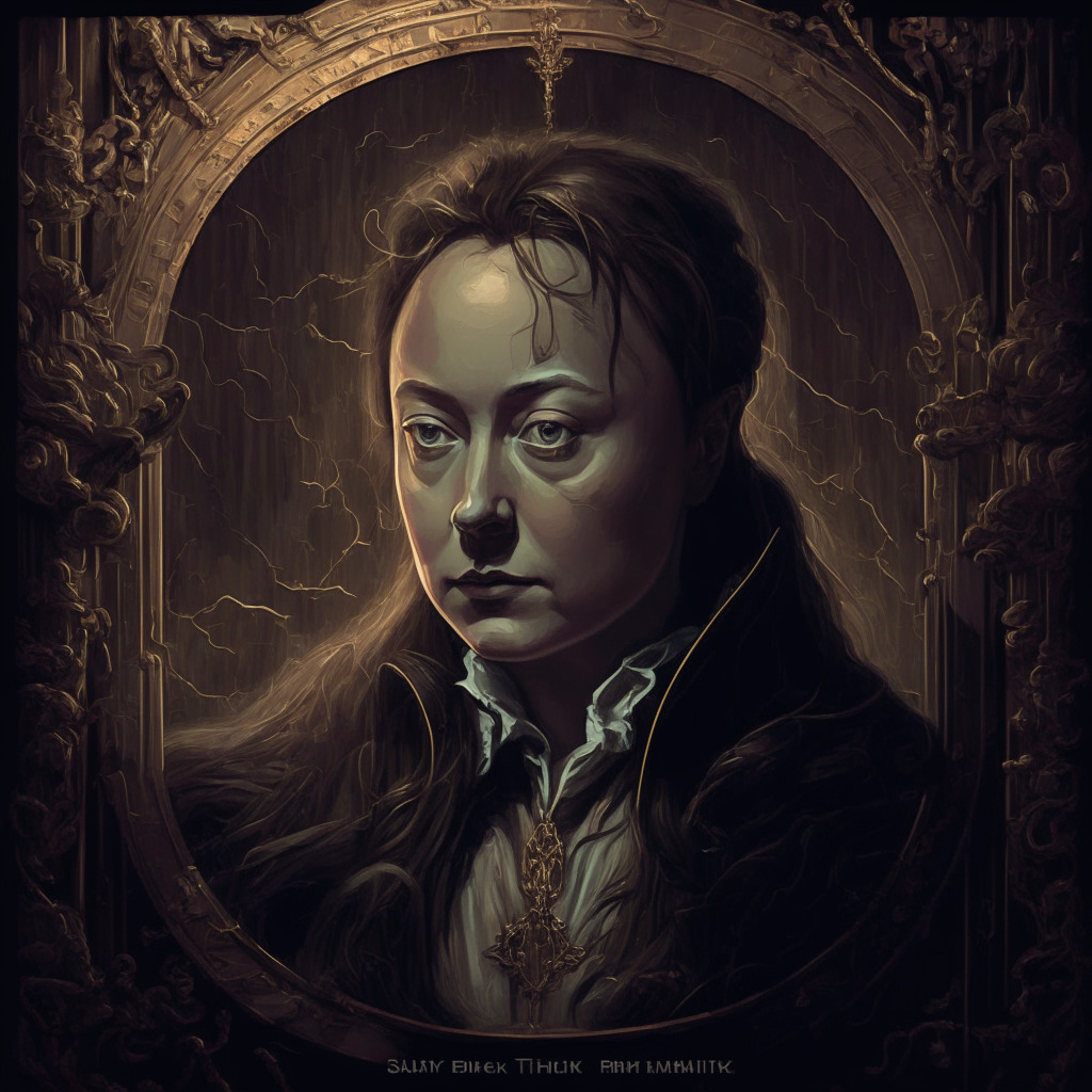 Intricate crypto artwork, Elon Musk-inspired meme, subtle chiaroscuro lighting, Baroque style, Milady NFT character with anime eyes, moody and dramatic atmosphere, contrasting hues, polarizing sentiment, undercurrent of hope and caution, digital assets market backdrop.