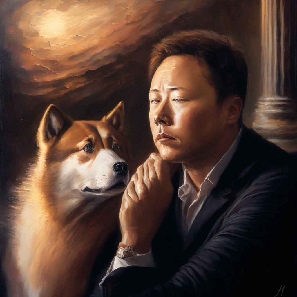 Intertwined emotions, Elon Musk w/ Dogecoin, balance in crypto investments, a cautious perspective, lighthearted love for DOGE, market volatility, warm and muted colors, chiaroscuro lighting, expressive brushstrokes, contemplative atmosphere, intricate detail investing strategy.