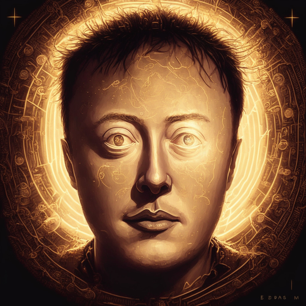 Intricate crypto-art scene, Elon Musk sharing a meme, wide-eyed NFT avatar, golden spotlight on blockchain, emerging from shadows into glowing light, playful vs serious mood, mix of futuristic and artistic styles, childlike wonder meets controversy, balance of influence and speculation