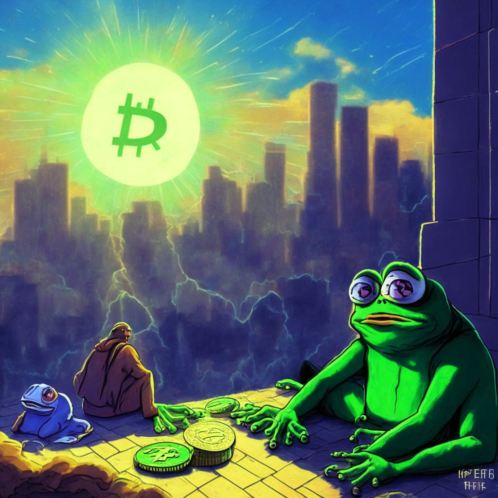 Ethereum clients update, blockchain outages, new Twitter CEO interest in memecoins, Elon Musk's Pepe Coin mention, Pepe the Frog, crypto volatility, US bank deposit decline, traditional banking vs. digital assets, market fluctuations, sunlight streaming through a blockchain cityscape, vibrant hues, avant-garde style, air of transformation and cautious optimism.