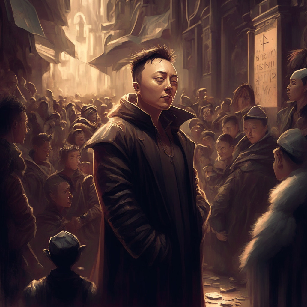 Crypto community scene, anime-inspired NFT artwork, street style tribal aesthetic, chiaroscuro lighting, dramatic shadows, Renaissance style composition, mood of resilience and intrigue, Elon Musk subtly referenced, market fluctuations, hints of controversy. (350 characters)