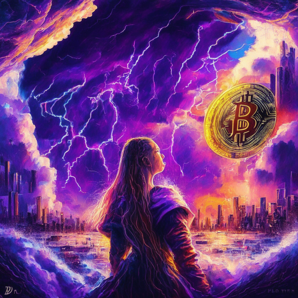 Cryptocurrency storm, Elon Musk tweet, rocketing NoMeme token, artistic Milady NFT image, enigmatic intrigue, Remilia art collective, meme coin influence, mysterious creators, rapid ascent, captivating crypto enthusiasts, futuristic cityscape, Ethereum gas fees, swirling colors, speculative spotlight, vibrant mood, glowing sunset, dynamic brushstrokes, potential 100x ROI.