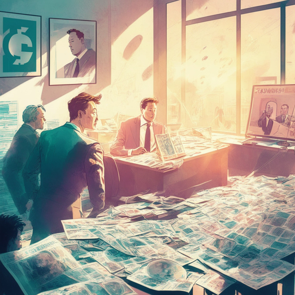 Sunlit office with vintage touch, Elon Musk discussing plans, futuristic hologram of Twitter logo, crypto coins scattered subtly, Linda Yaccarino signing CEO contract, intense mood, tech executives in the background, pastel color palette, newspaper headlines on recent crypto challenges.
