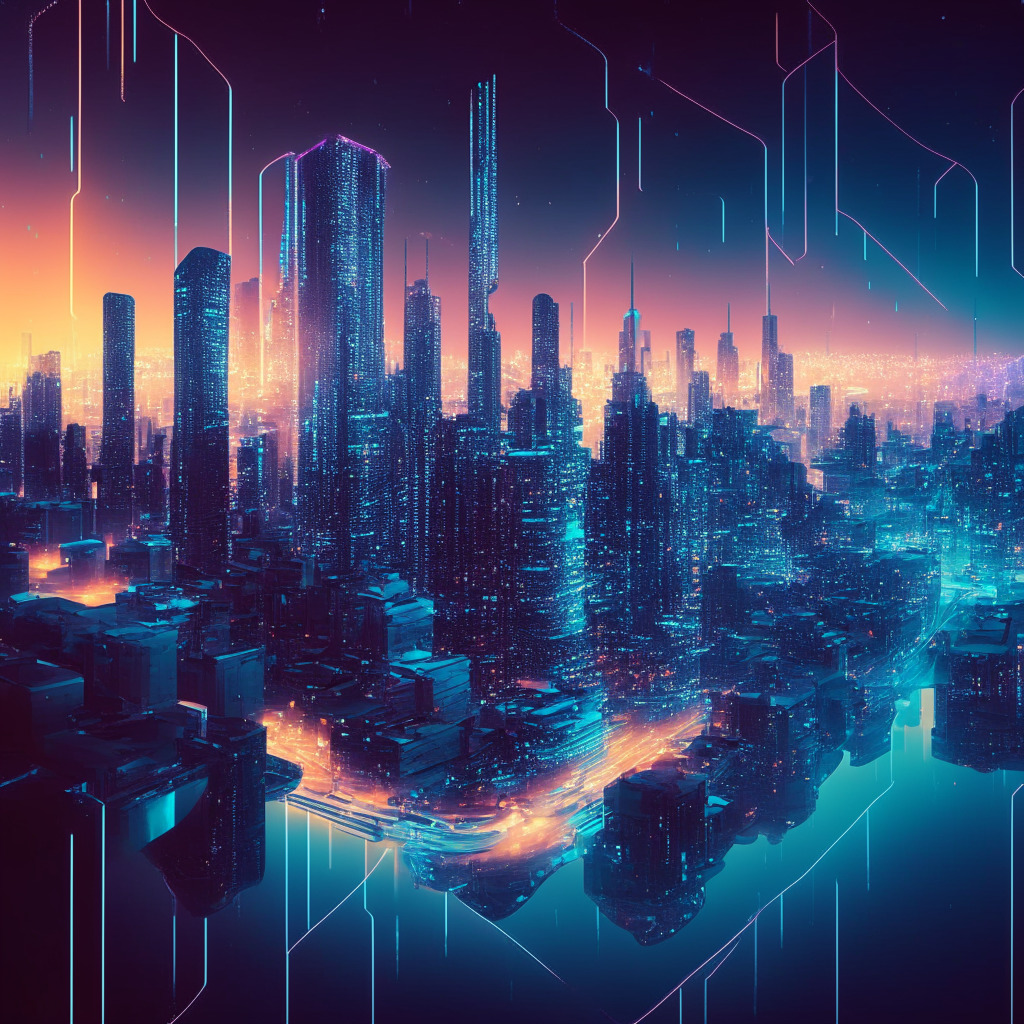 Dusk-lit futuristic cityscape, transparent holographic blockchain networks intertwining, looming environmental shadows, an undercurrent of instability, a juxtaposition of DeFi innovation & traditional financial institutions, mood of cautious optimism, central bank digital currency amidst vibrant connectivity.